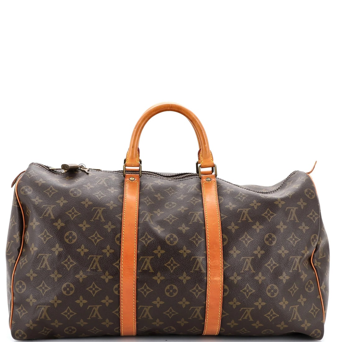 Louis Vuitton 50 Monogram Canvas Keepall Bag: Louis Vuitton 50 Monogram Canvas Keepall Bag Experience the timeless elegance of Louis Vuitton with this iconic 50 Monogram Canvas Keepall Bag, boasting classic brown leather exterior and gold