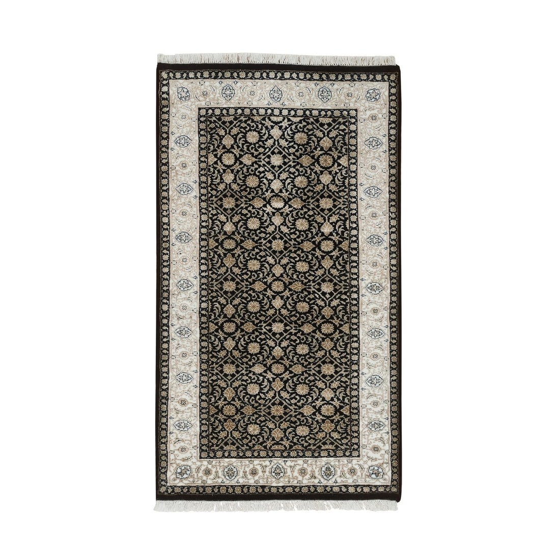 2'4"x4'7" Black Herrita Design 250 KPSI Organic Wool Hand Knotted Rug: 2'4"x4'7" Black Herrita Design 250 KPSI Organic Wool Hand Knotted Rug Experience the rich beauty of India in your home with this stunning 2'4"x4'7" Black Herrita Design hand-knotted wool rug, crafted