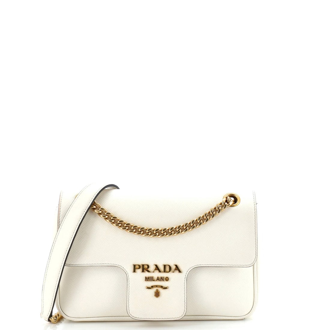 Prada small saffiano leather flap shoulder bag: Prada small saffiano leather flap shoulder bag A timeless Prada classic, the Pattina Flap Shoulder Bag boasts sleek, saffiano leather exterior in pristine white and elegant gold hardware. With its sig