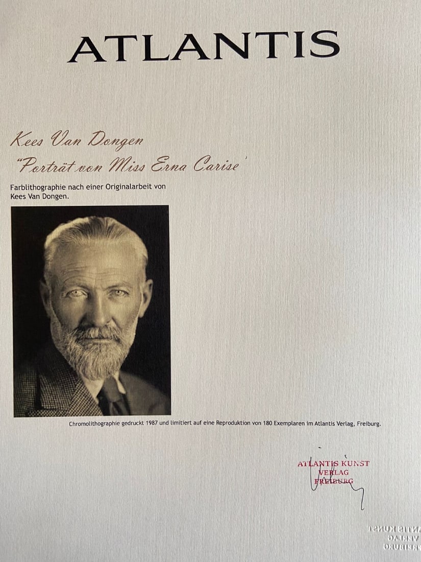 Kees Van Dongen Lithograph of 180: Kees Van Dongen Lithograph of 180 A rare and striking lithograph by renowned Dutch artist Kees van Dongen, "Portrait of Miss Erna Carise" is a unique piece from 1987, printed in limited edition of