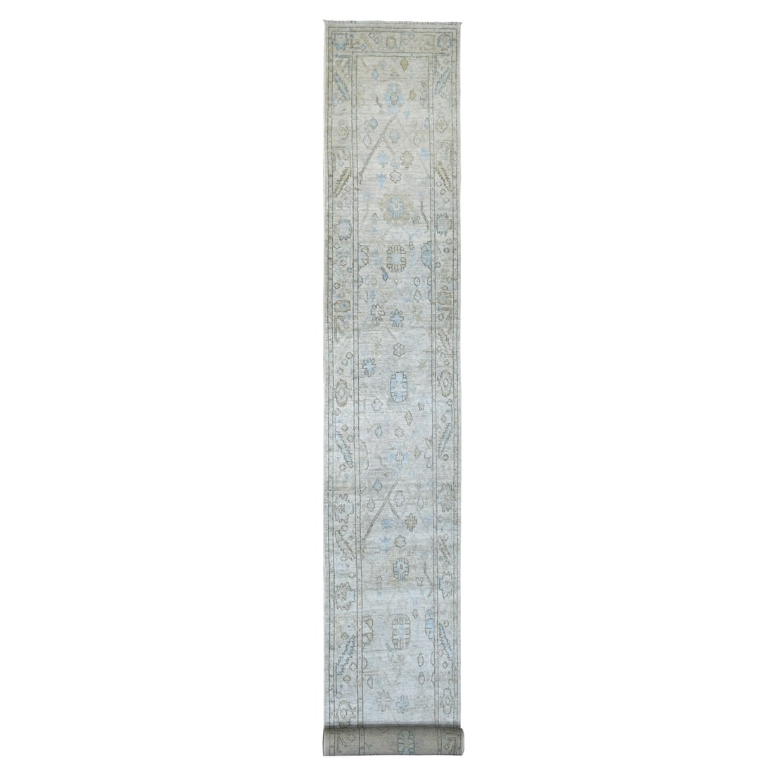2'6"x19'9"Hand Knotted Angora Oushak Afghan Runner Gray Pure Wool: 2'6"x19'9"Hand Knotted Angora Oushak Afghan Runner Gray Pure Wool Experience the timeless beauty of Afghan craftsmanship in this stunning, hand-knotted Oushak rug. Made from 100% pure wool and