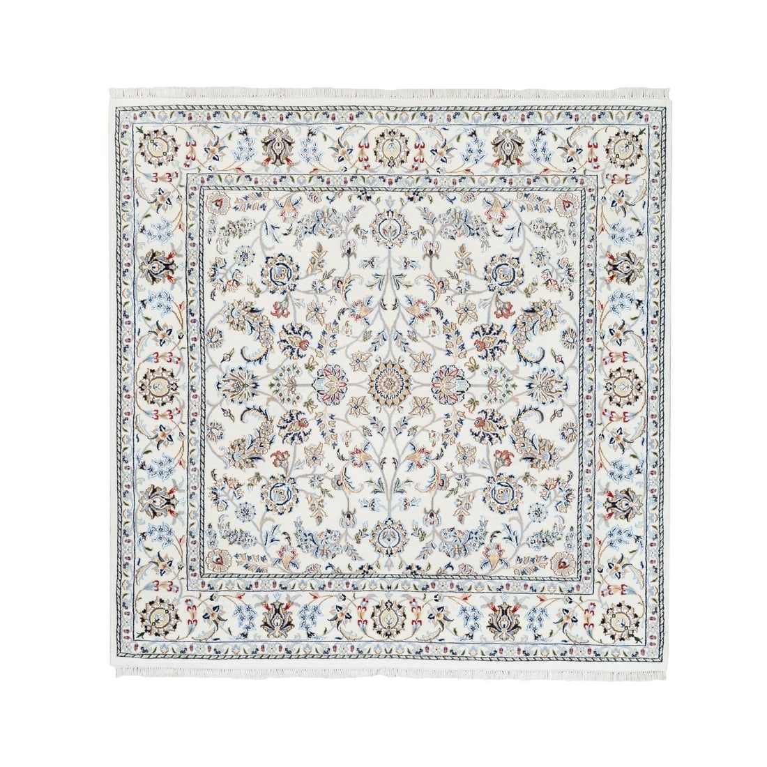 Nain Handmade Wool and Silk Square Rug 250 KPSI All Over Design 5'9" 5'9: Nain Handmade Wool and Silk Square Rug 250 KPSI All Over Design 5'9" 5'9 Experience the rich beauty of Indian craftsmanship with this stunning Nain Handmade Wool and Silk Square Rug, expertly