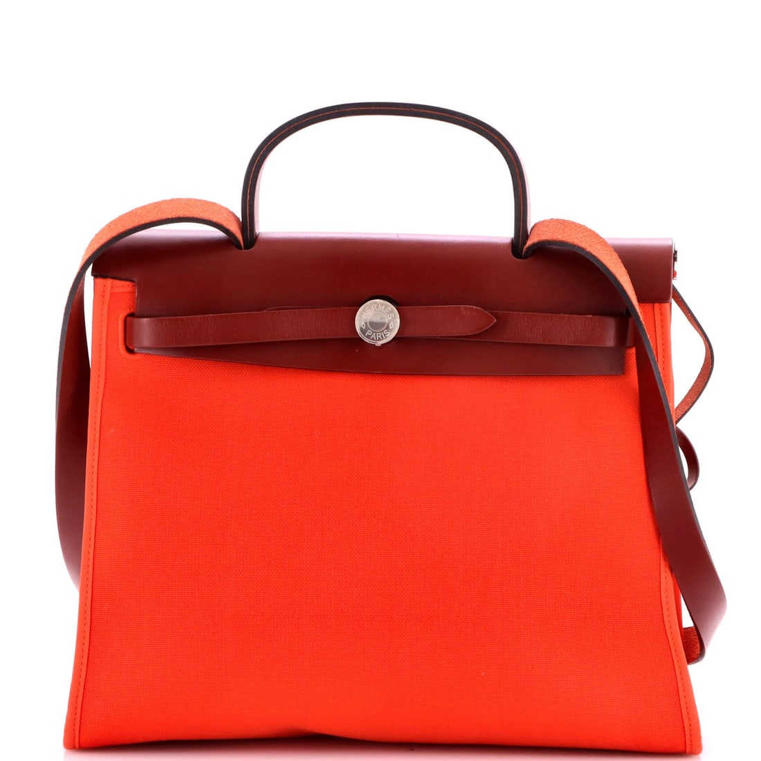 Hermes Herbag Zip Leather and Toile 31: Hermes Herbag Zip Leather and Toile 31 A vibrant orange Herm?s Herbag Zip in excellent condition, boasting the iconic Toile 31 print and durable leather exterior. This stylish shoulder bag is