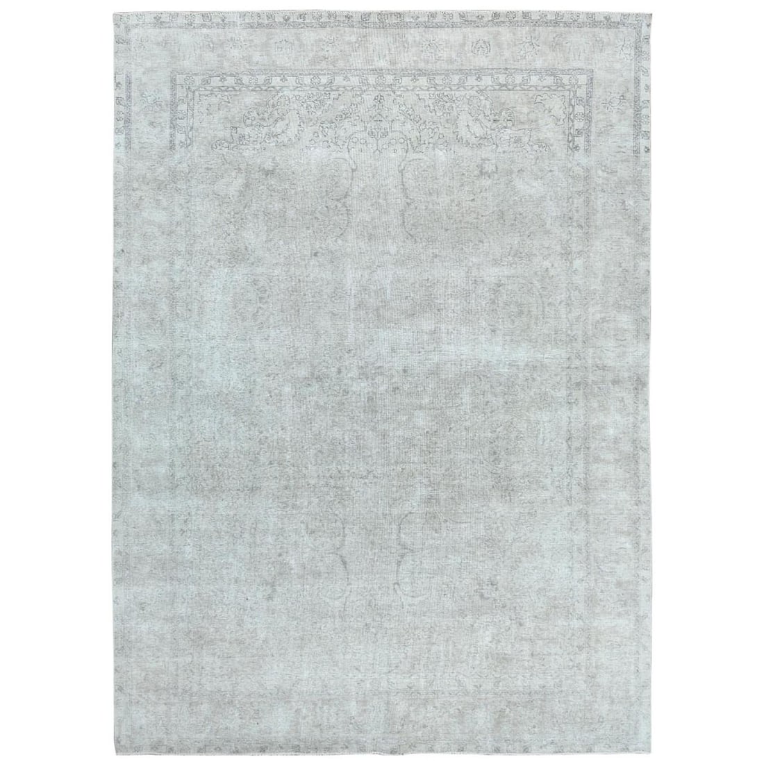 9'7"x13'2" Gray Hand Knotted Old Farsian Tebraz Worn Wool Distressed Rug: 9'7"x13'2" Gray Hand Knotted Old Farsian Tebraz Worn Wool Distressed Rug Experience the timeless beauty of a vintage Farsian Tebraz rug, expertly hand-knotted from worn wool in a stunning beige and gr