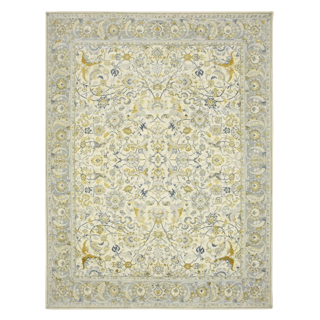 9'1"x12'1" Ivory Hand Knotted Polonaise Influence Design Wool Oriental Rug: 9'1"x12'1" Ivory Hand Knotted Polonaise Influence Design Wool Oriental Rug Experience the timeless beauty of Indian craftsmanship with this stunning 9'1"x12'1" ivory hand-knotted wool oriental rug, bo