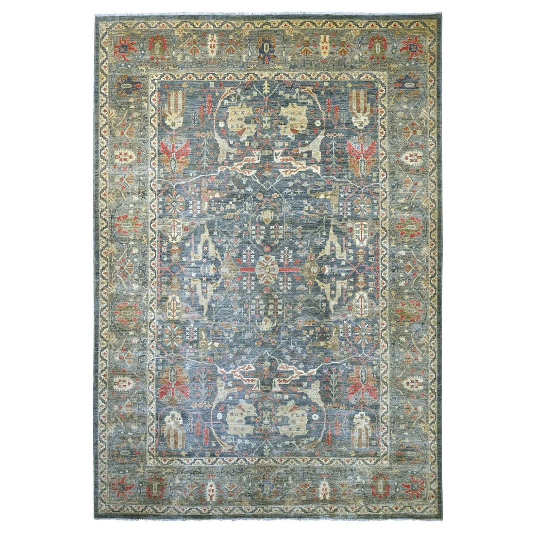 10'x13'9" Gray Peshawar with Bijar Garus Design Hand Knotted Pure Wool Rug: 10'x13'9" Gray Peshawar with Bijar Garus Design Hand Knotted Pure Wool Rug Experience the rich heritage of Afghanistan with this stunning 10'x13'9" Gray Peshawar rug, hand-knotted from pure wool and
