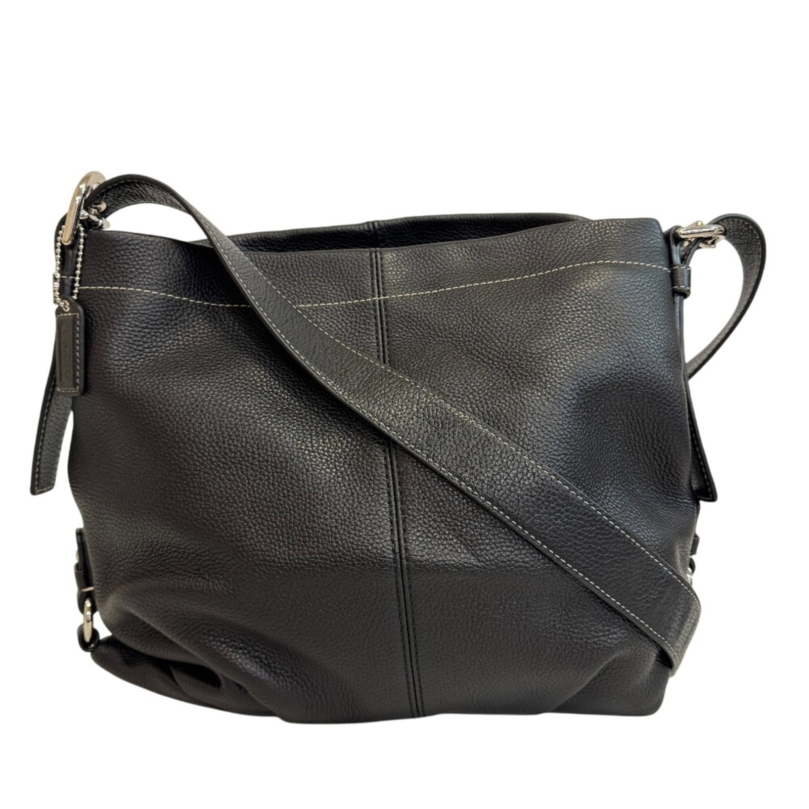 Leather Coach shoulder bag: Leather Coach shoulder bag A timeless Coach leather shoulder bag in sleek black, perfect for adding a touch of sophistication to your daily routine. With its classic design and premium leather