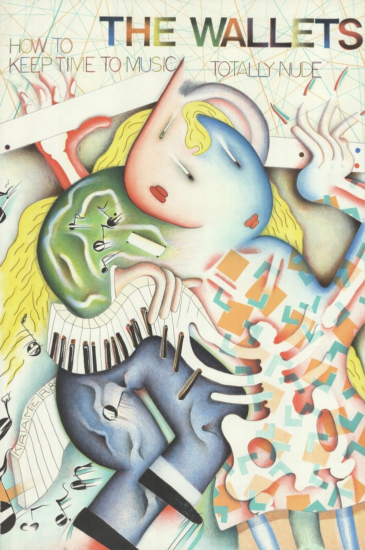 STEVE KRAMER How to Keep Time to Music/ Totally Nude 37.25" x 24.75" Lithograph: STEVE KRAMER How to Keep Time to Music/ Totally Nude 37.25" x 24.75" Lithograph A striking lithograph by Steve Kramer, 'How to Keep Time to Music/ Totally Nude' (1984) showcases the artist's unique