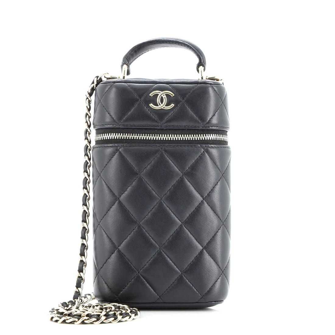 Chanel Classic Quilted Lambskin Phone Holder with Chain and Vanity Top Handle: Chanel Classic Quilted Lambskin Phone Holder with Chain and Vanity Top Handle Elevate your phone-wielding style with the iconic Chanel Classic Quilted Lambskin Phone Holder, boasting sleek black