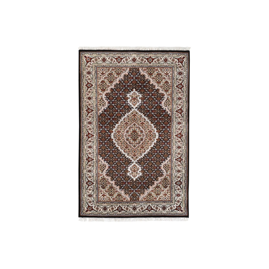 2'10"x5'4" Fish Medallion Design Tebraz Mahi Wool-Silk Hand Knotted Rug: 2'10"x5'4" Fish Medallion Design Tebraz Mahi Wool-Silk Hand Knotted Rug Experience the rich cultural heritage of India with this stunning 2000-year-old hand-knotted rug, expertly woven from silk and w