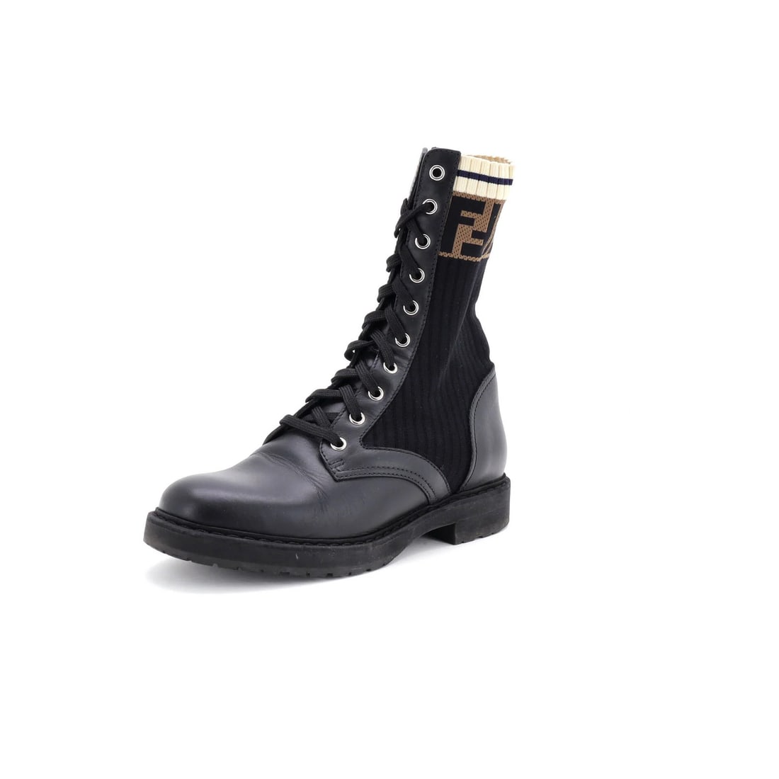 Fendi Women's Rockoko Combat Boots Leather with Knit Stretch Fabric and Zucca (1 of 6)