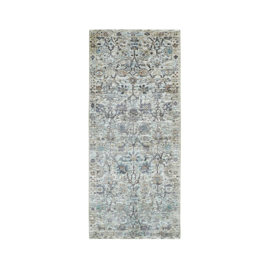 2'6"x6'2" Ivory Silk With Textured Wool Hand Knotted Runner Fine Rug: 2'6"x6'2" Ivory Silk With Textured Wool Hand Knotted Runner Fine Rug Experience the warmth and elegance of hand-knotted Turkish craftsmanship with this stunning ivory silk with textured wool runner ru