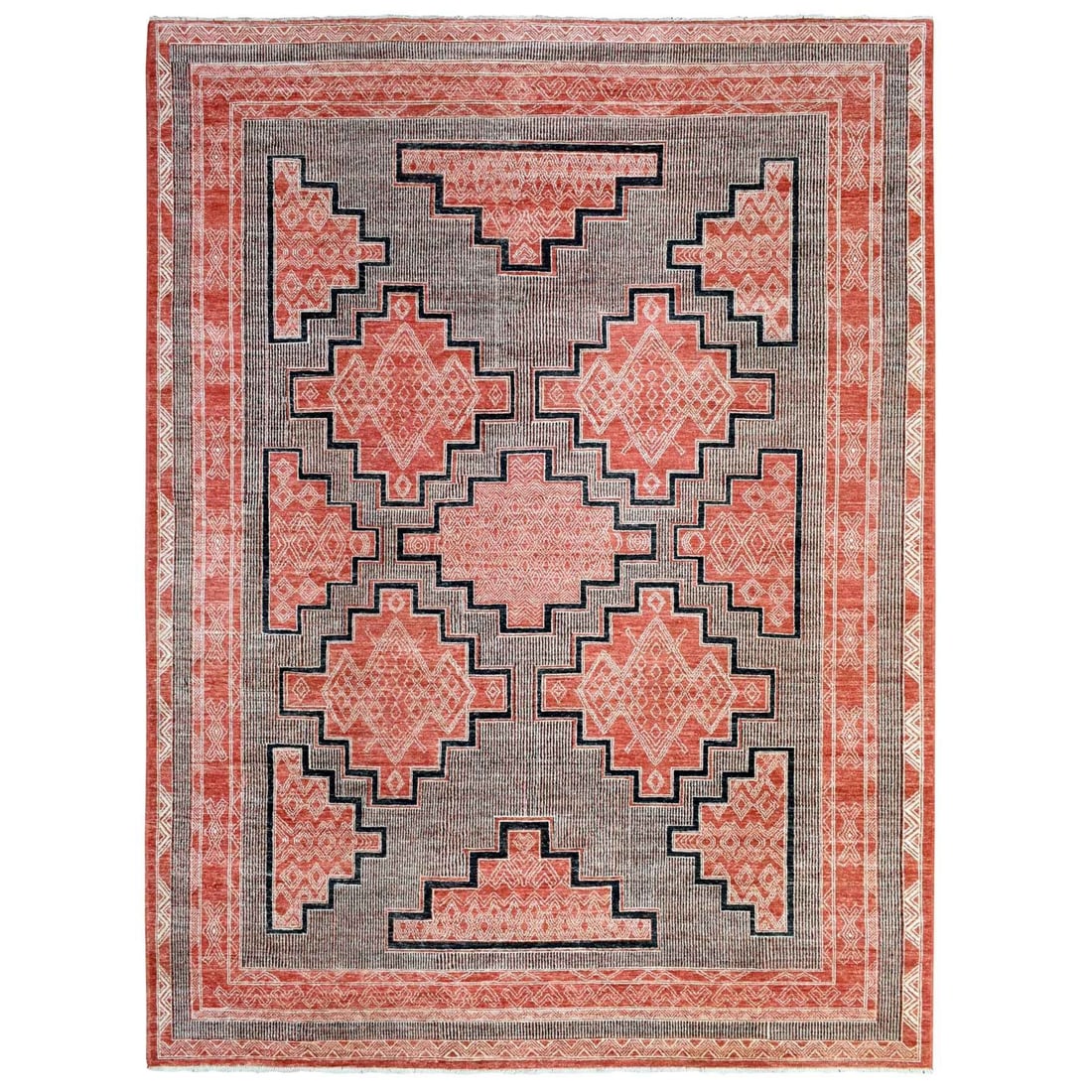 9'x11'9" Brick Red Extra Soft Wool Hand Knotted Fine Peshawar Rug: 9'x11'9" Brick Red Extra Soft Wool Hand Knotted Fine Peshawar Rug Experience the rich heritage of Afghanistan with this exquisite 9'x11'9" Brick Red Extra Soft Wool Hand Knotted Fine Peshawar Rug, cra