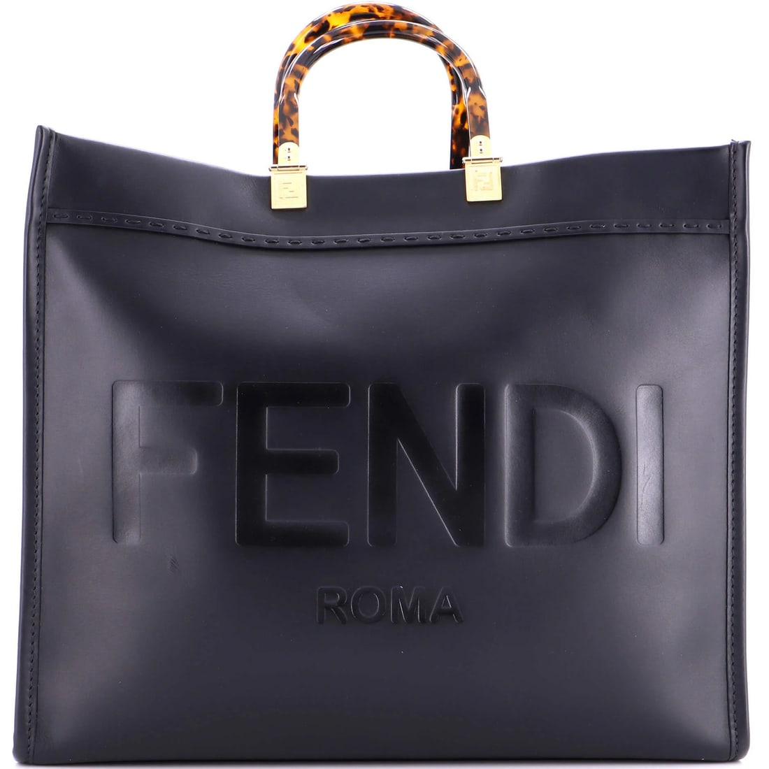 Fendi large leather shopper tote: Fendi large leather shopper tote Experience the epitome of luxury with this stunning Fendi Sunshine Shopper Tote, boasting sleek black leather exterior and rich suede interior. Its spacious large size