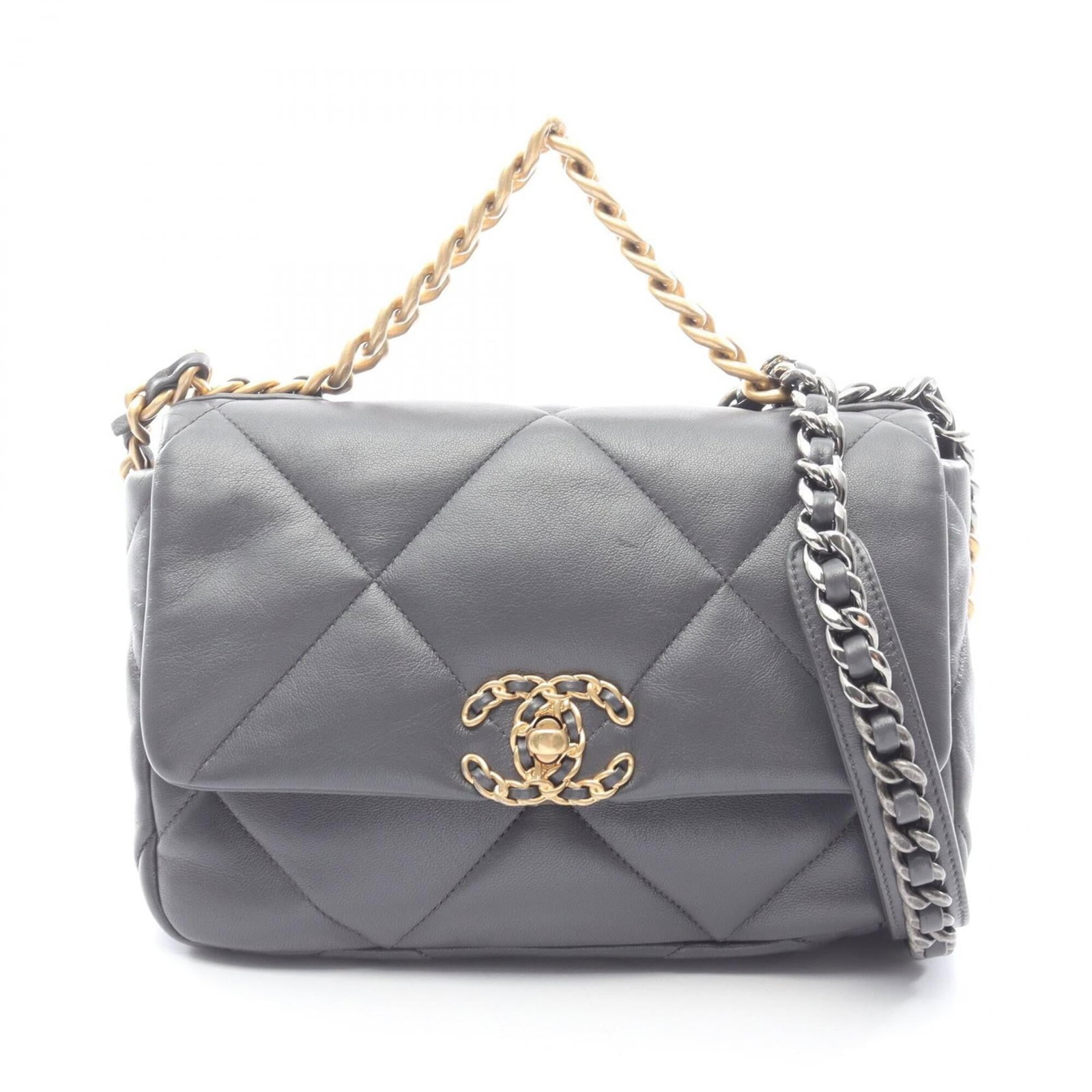Chanel Leather Shoulder Bag: Chanel Leather Shoulder Bag Experience the timeless elegance of Chanel's iconic leather shoulder bag, crafted from luxurious lambskin and boasting a sleek gray hue that exudes sophistication. With its