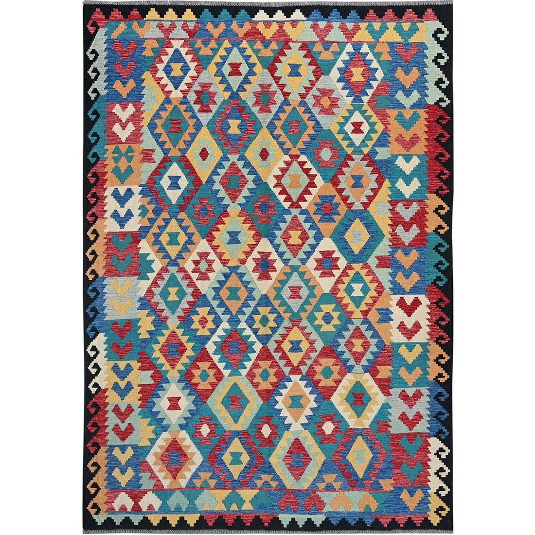 6'9"x9'8" Bayern Blue Afghan Kilim Pure Wool Hand Woven Flat Weave Rug (1 of 6)