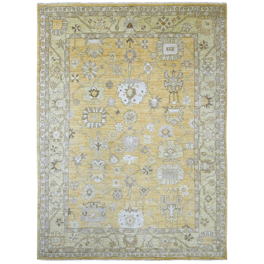 10'x13'5" Golden Yellow Hand Knotted Angora Oushak Leaf Design Wool Rug: 10'x13'5" Golden Yellow Hand Knotted Angora Oushak Leaf Design Wool Rug Experience the vibrant beauty of traditional Afghan craftsmanship with this stunning 10'x13' Golden Yellow Hand Knotted Angora