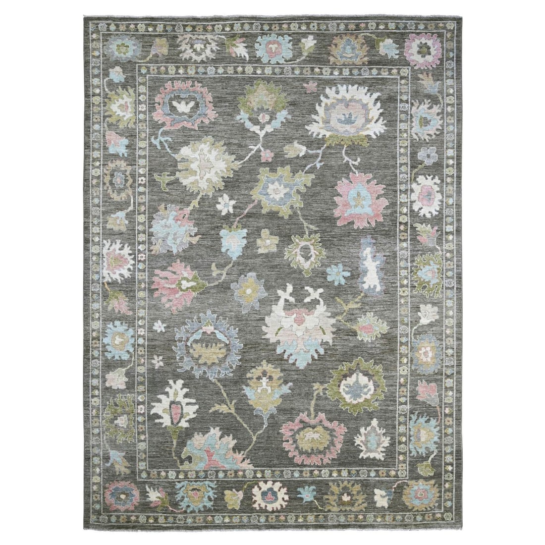 10'x13'5" Ash Gray Hand Knotted Angora Oushak Leaf Design Pure Wool Rug: 10'x13'5" Ash Gray Hand Knotted Angora Oushak Leaf Design Pure Wool Rug Experience the timeless beauty of traditional Afghan craftsmanship with this stunning 10'x13'5" Ash Gray Hand Knotted Angora