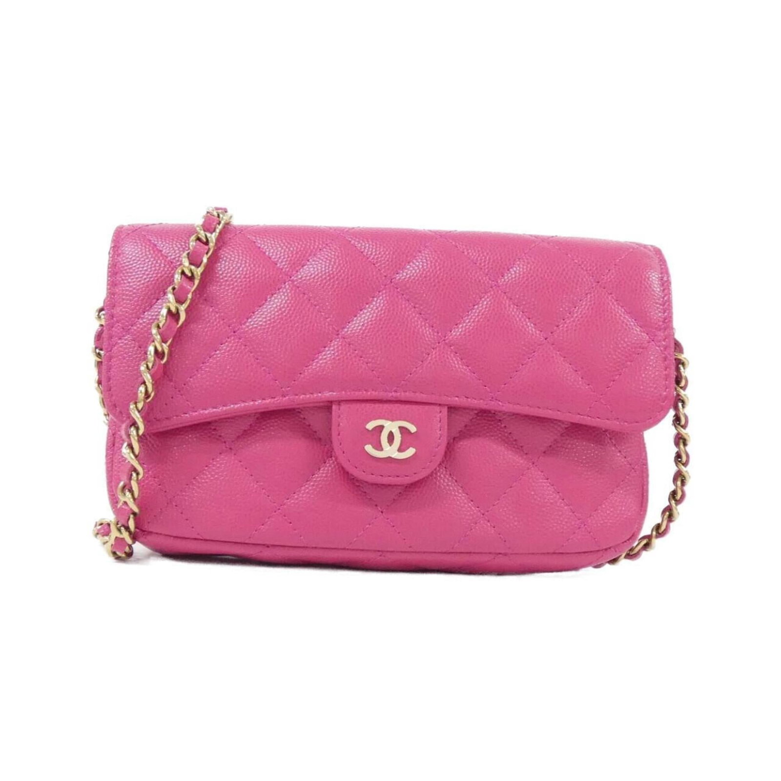 Chanel Calfskin Grained Wallet Phone: Chanel Calfskin Grained Wallet Phone A stylish and functional Chanel phone wallet, crafted from rich grained calfskin in a vibrant pink hue, adds a touch of luxury to any outfit. With its classic