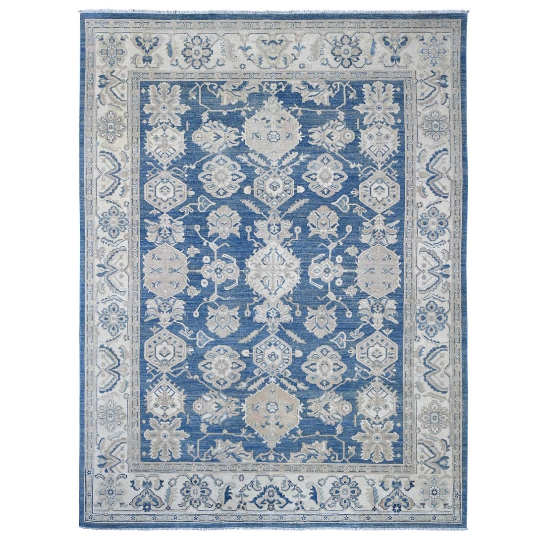 9'x11'8" Blue Vintage Look Kazak Geometric Motifs Hand Knotted Wool Rug: 9'x11'8" Blue Vintage Look Kazak Geometric Motifs Hand Knotted Wool Rug Experience the rich cultural heritage of Afghanistan with this stunning 9'x11'8" blue vintage look Kazak geometric motif hand
