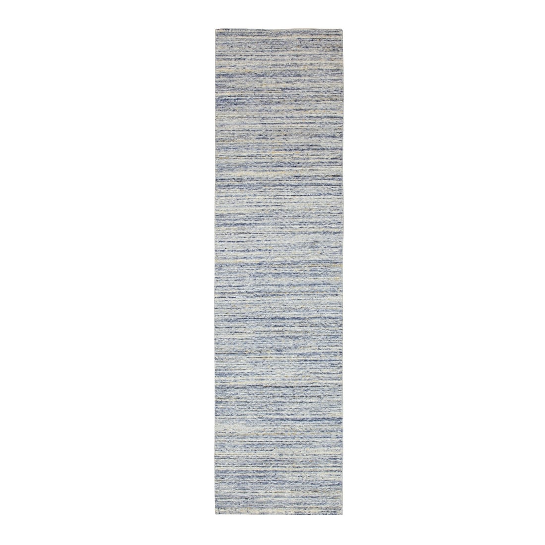 2'6"x9'9" Blue Variegated Design Hand Loomed Pure Wool Modern Runner Rug: 2'6"x9'9" Blue Variegated Design Hand Loomed Pure Wool Modern Runner Rug Experience the timeless elegance of India's rich cultural heritage with this stunning 2000-year-old handloomed pure wool