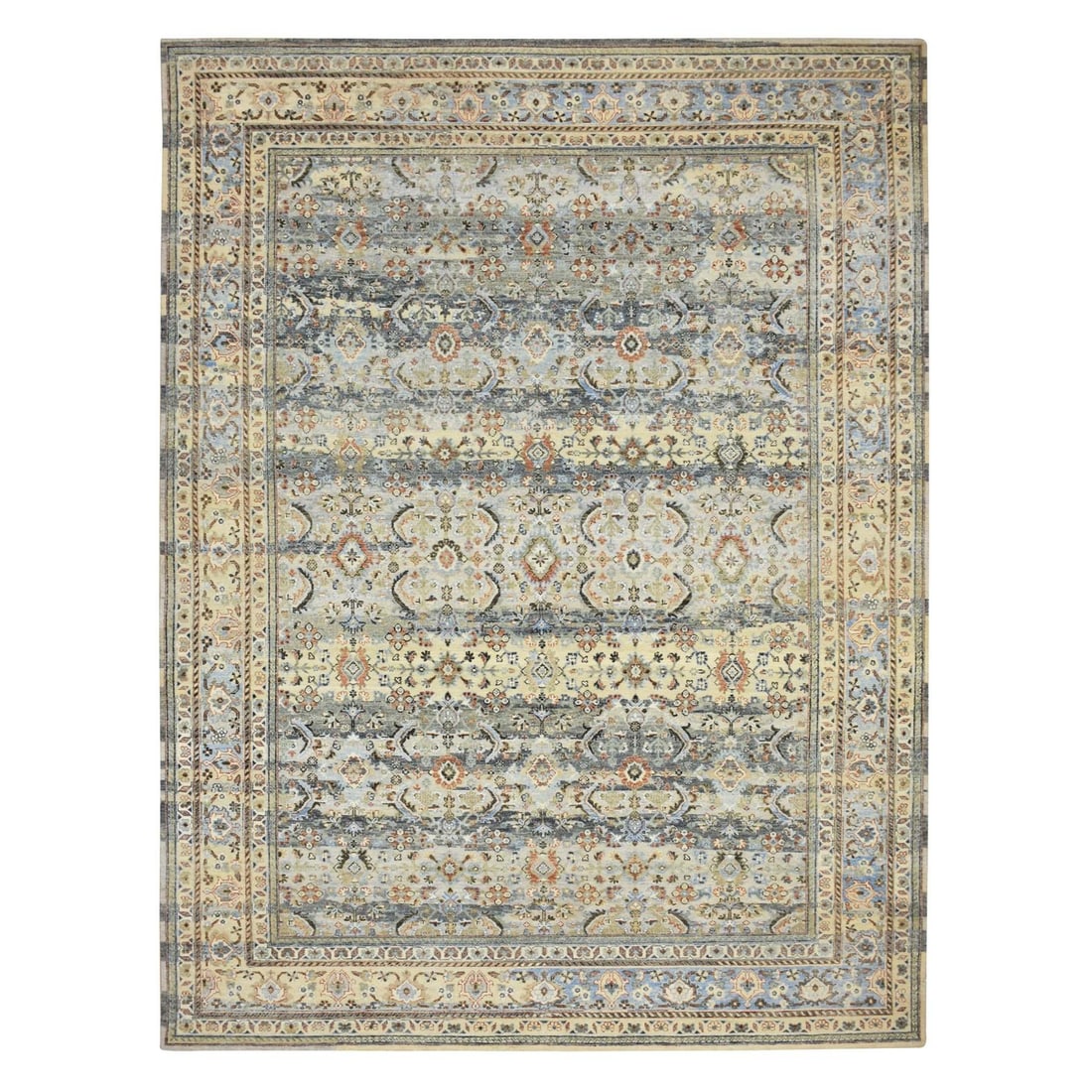 9'x12' Cloud Gray Abrash Zoroastrian Design Pure Wool Hand Knotted Rug: 9'x12' Cloud Gray Abrash Zoroastrian Design Pure Wool Hand Knotted Rug Experience the timeless beauty of Indian craftsmanship with this stunning 9'x12' Cloud Gray Zoroastrian Design Pure Wool Hand