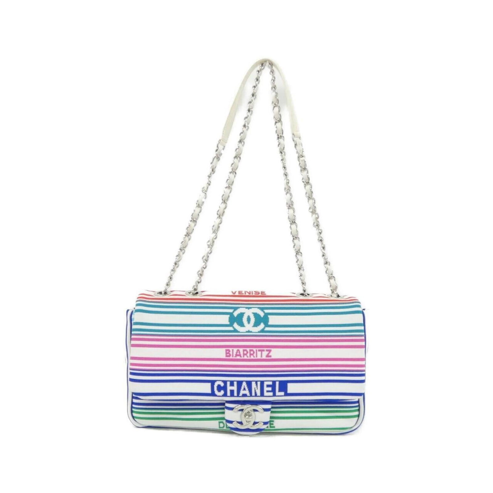 Chanel Leather Shoulder Bag: Chanel Leather Shoulder Bag A chic and timeless piece, this Chanel leather shoulder bag boasts elegant multi-color lambskin exterior with white accents, perfectly balanced by its sleek design. With