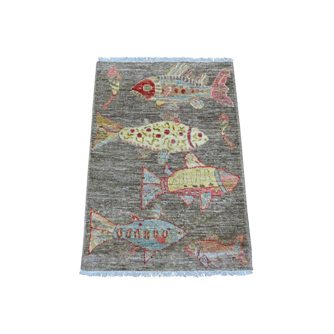 2'x3' Stone Gray Afghan Peshawar Fish Design Wool Hand Knotted Mat Rug: 2'x3' Stone Gray Afghan Peshawar Fish Design Wool Hand Knotted Mat Rug Experience the rich cultural heritage of Afghanistan with this stunning 2'x3' Stone Gray Afghan Peshawar Fish Design Wool Hand
