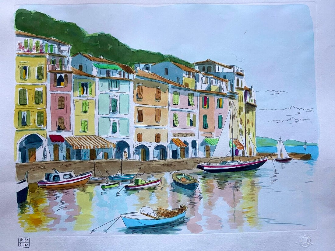 Aldo Riso ''Portofino'' -Painted Engraving 60x80 - Authenticated and (1 of 7)