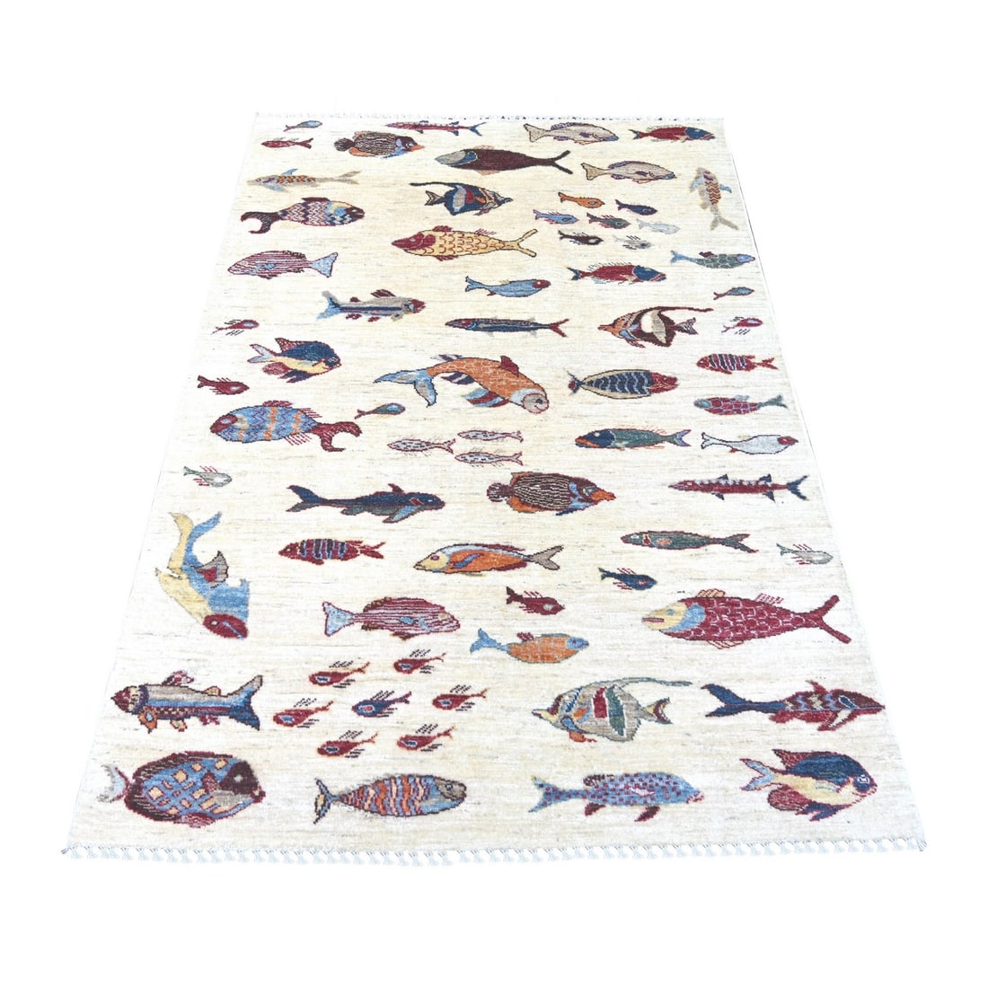 4'1"x5'10" Ivory Peshawar Oceanic Fish Design Soft Wool Hand Knotted Rug (1 of 6)