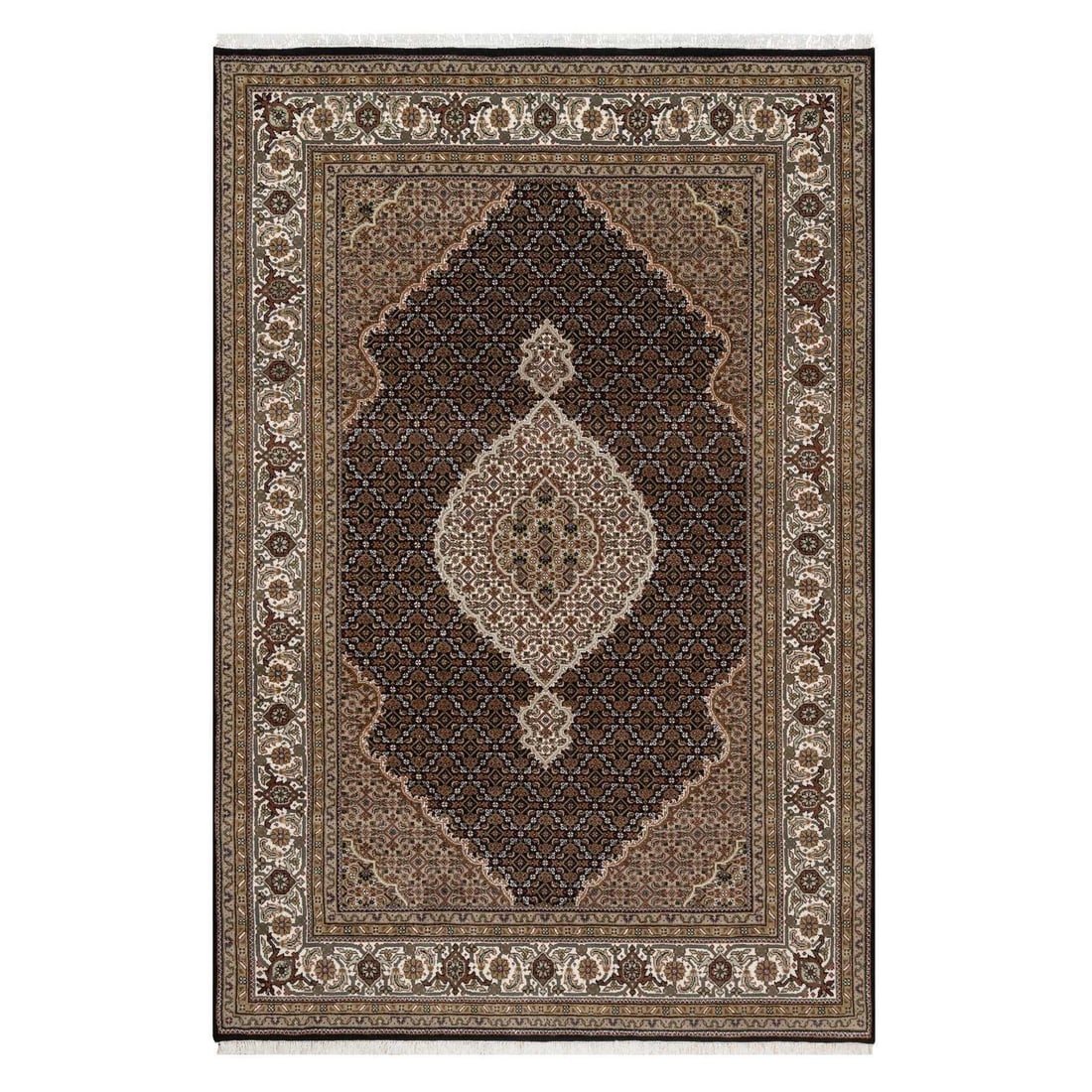 6'x9'1" Black Wool Rug Tebraz Mahi with Medallion Design Hand Knotted: 6'x9'1" Black Wool Rug Tebraz Mahi with Medallion Design Hand Knotted Experience the rich heritage of Indian craftsmanship with this stunning 6'x9'1" hand-knotted wool rug, boasting an intricate