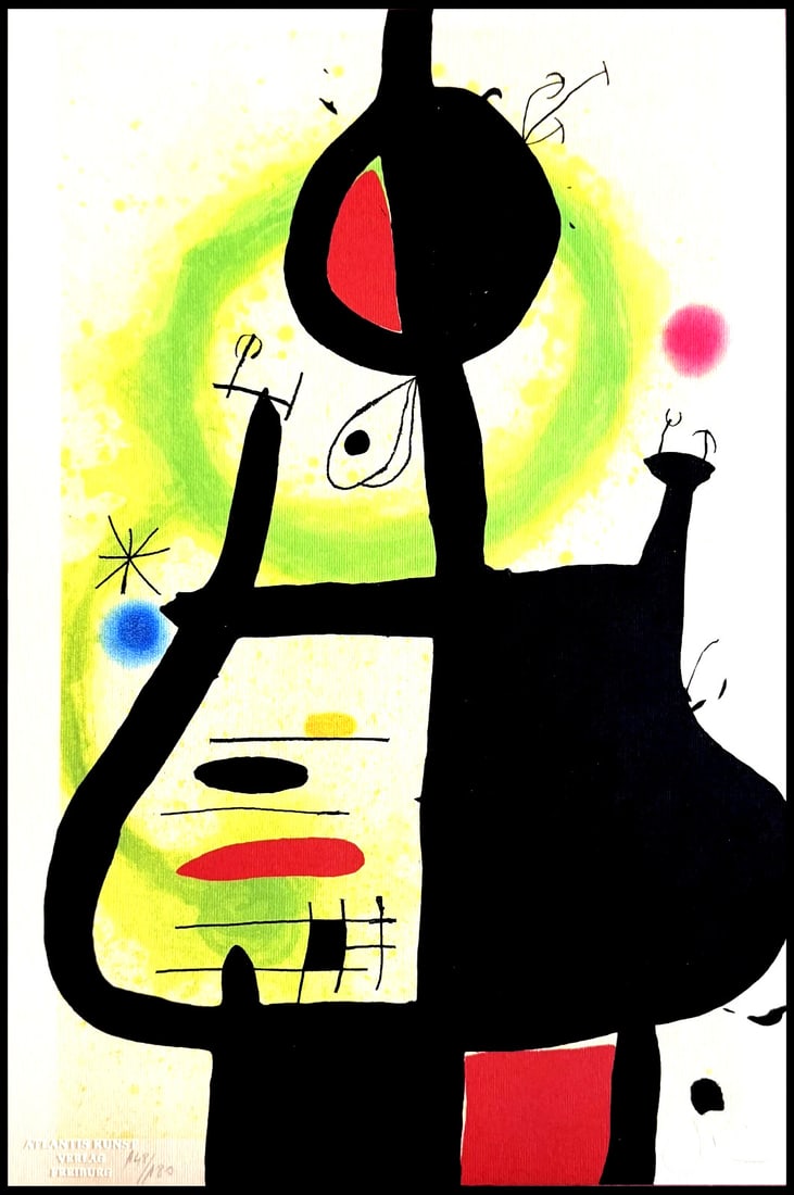 Man Ray lithograph numbered by Joan Mir: Man Ray lithograph numbered by Joan Mir A rare and striking lithograph by Joan Mir, "The Witch", is up for auction. Printed in 1984 by Atlantis Verlag in Freiburg, this chromolithograph is one of only