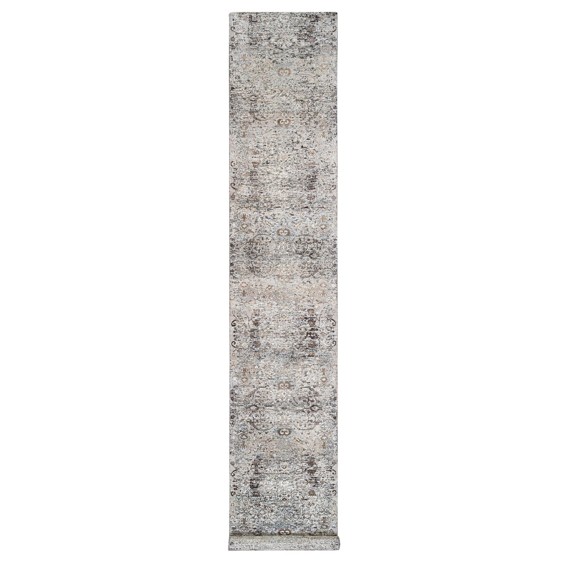 2'6"x16' Gray, Hand Knotted, Modern, Silk with Wool, XL Runner, Rug: 2'6"x16' Gray, Hand Knotted, Modern, Silk with Wool, XL Runner, Rug Experience the warmth and sophistication of hand-knotted luxury with this stunning 16' gray silk and wool runner, expertly crafted