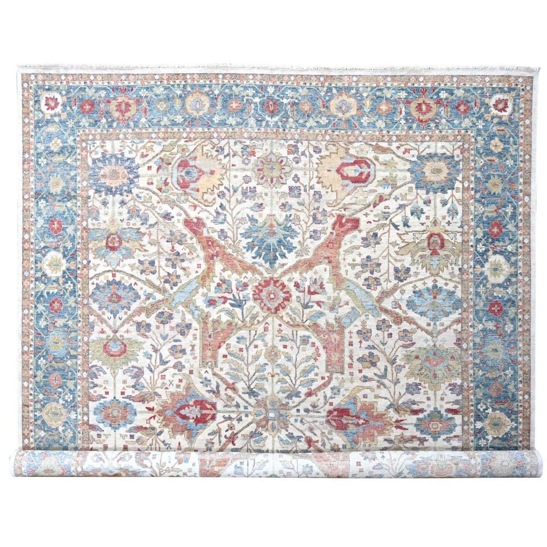 12'x15' Pearl White 100% Wool Hand Knotted Antiqued Design Oversized Rug: 12'x15' Pearl White 100% Wool Hand Knotted Antiqued Design Oversized Rug Experience the timeless elegance of India's rich cultural heritage with this stunning 12'x15' Pearl White hand-knotted wool