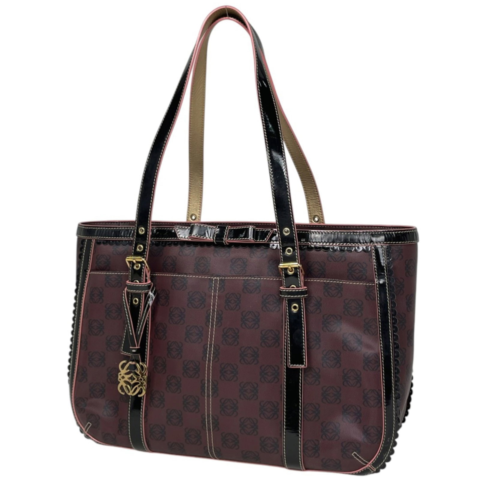 Loewe Shoulder Bag, Tote Bag Coated Canvas, Leather: Loewe Shoulder Bag, Tote Bag Coated Canvas, Leather A pre-owned Loewe tote bag in rich Bordeaux leather and coated canvas, boasting the iconic brand's signature style with a timeless design that