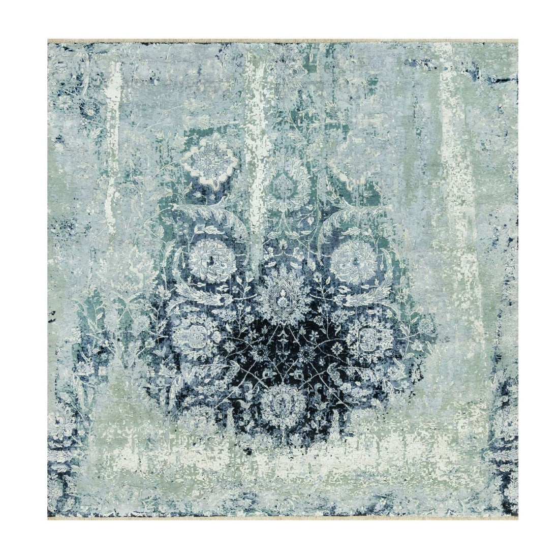 8'x8' Blue Hand Knotted Erased Zoroastrian Wool and Silk Square Rug: 8'x8' Blue Hand Knotted Erased Zoroastrian Wool and Silk Square Rug Experience the rich heritage of Indian craftsmanship with this stunning 8'x8' Blue Hand Knotted Erased Zoroastrian Wool and Silk Squ