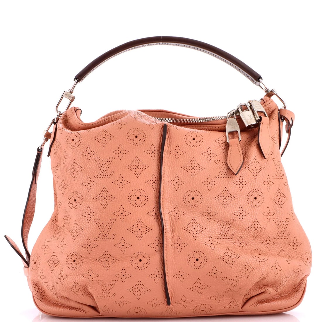 Louis Vuitton Selene Handbag Mahina Leather PM: Louis Vuitton Selene Handbag Mahina Leather PM The Louis Vuitton Selene Handbag Mahina Leather PM is a stunning pink leather hobo bag that exudes effortless chic. With its spacious interior, silver