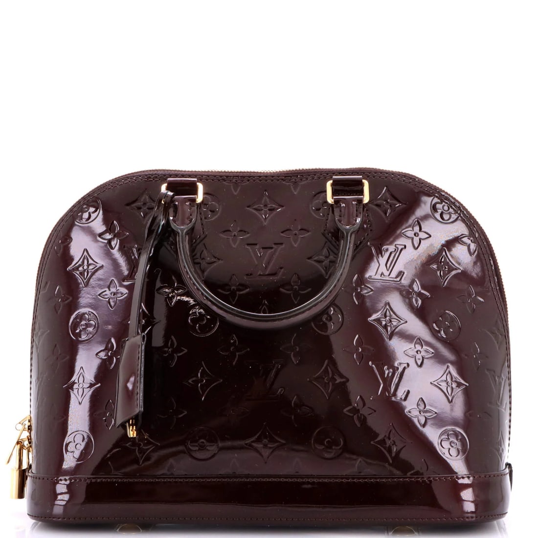Louis Vuitton Alma Monogram Vernis Handbag: Louis Vuitton Alma Monogram Vernis Handbag The iconic Louis Vuitton Alma Monogram Vernis Handbag is a timeless piece of luxury, boasting the signature monogram pattern in rich red patent leather.