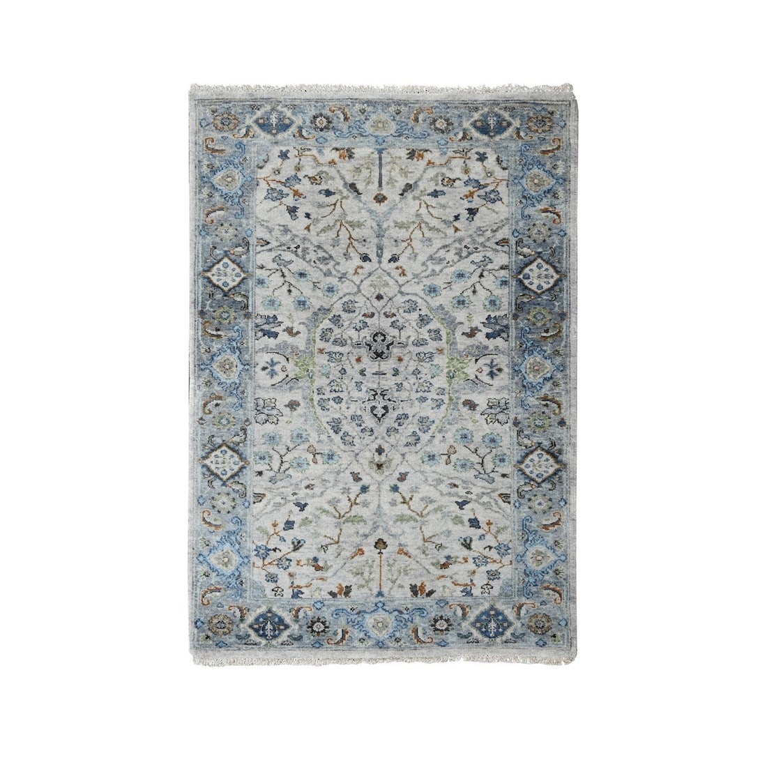 3'x4'10" Platinum Gray Denser Weave Oushak Natural Wool Hand Knotted Rug: 3'x4'10" Platinum Gray Denser Weave Oushak Natural Wool Hand Knotted Rug Experience the rich beauty of traditional Indian craftsmanship with this stunning 3'x4'10" Platinum Gray Oushak rug, expertly