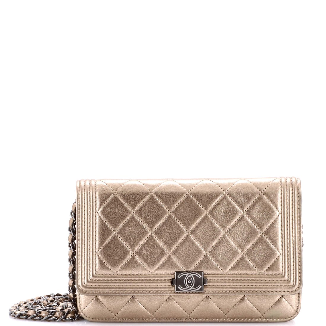 Chanel metallic quilted wallet calfskin on chain: Chanel metallic quilted wallet calfskin on chain A luxurious Chanel wallet on chain, the Boy Wallet is a chic and secure accessory for everyday carry. Its quilted metallic calfskin exterior shines in
