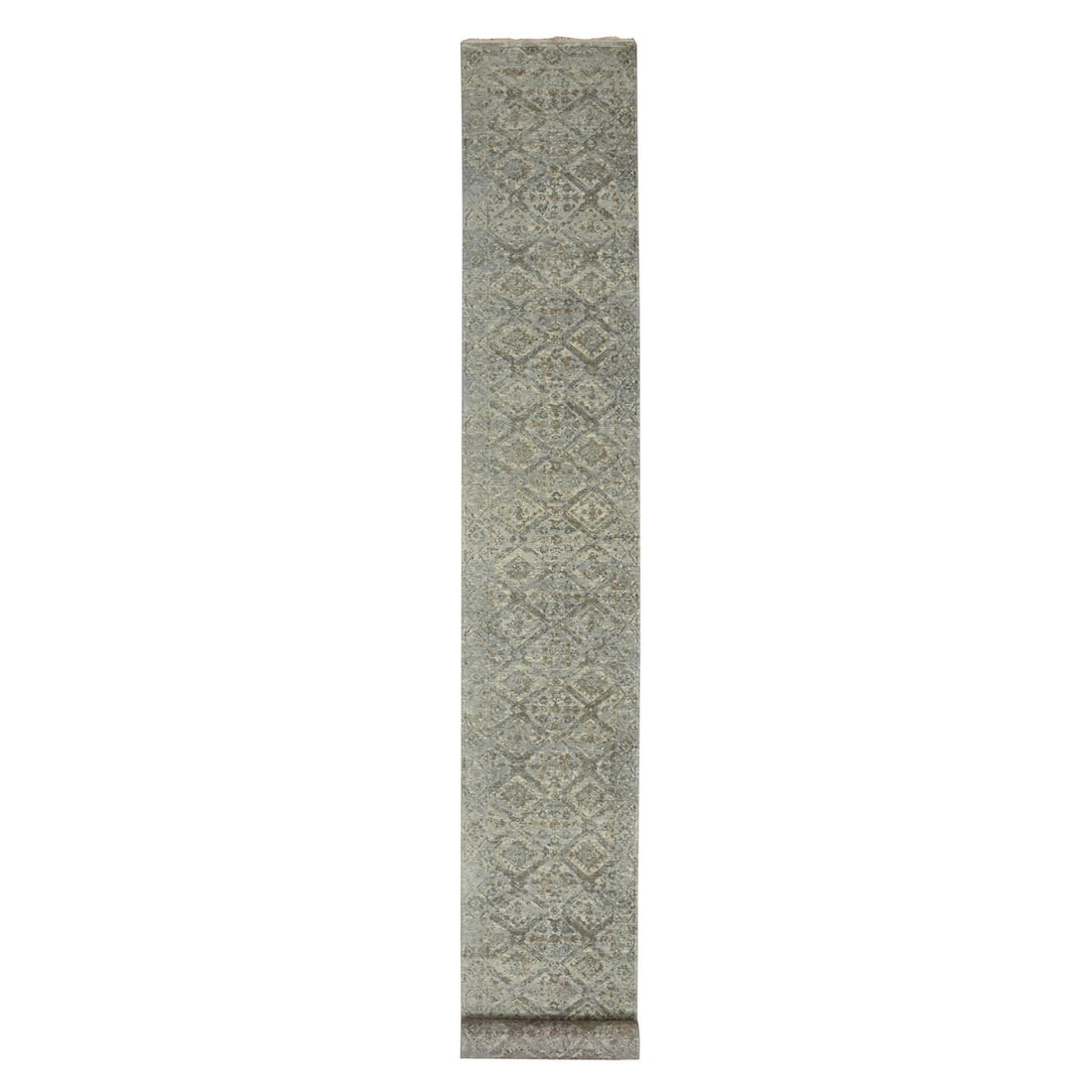 2'4"x21'8" Gray Pure Wool Broken Garden Design Hand Knotted Runner Rug: 2'4"x21'8" Gray Pure Wool Broken Garden Design Hand Knotted Runner Rug Experience the timeless elegance of an ancient Indian design with this stunning 2'4"x21'8" gray pure wool hand-knotted runner