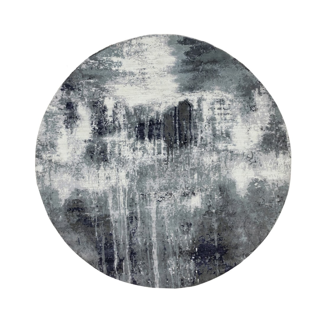 8'x8' Charcoal Black Abstract Design Wool and Silk Hand Knotted Round Rug: 8'x8' Charcoal Black Abstract Design Wool and Silk Hand Knotted Round Rug Experience the rich textures and subtle nuances of Indian craftsmanship in this stunning 8'x8' charcoal black abstract design