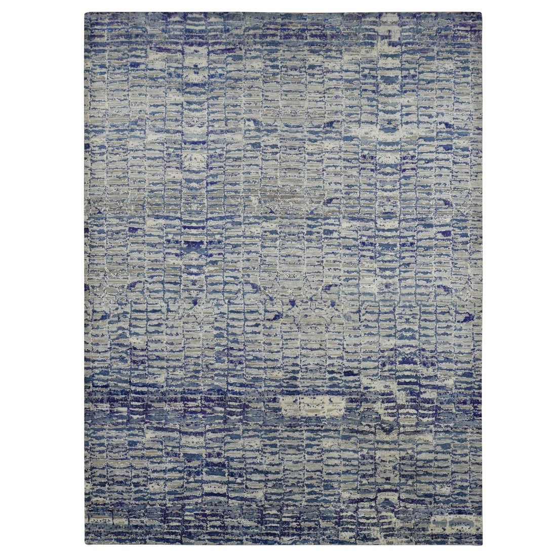 9'x12'2" Blue Diminishing Bricks Design Sari Silk Hand Knotted Rug: 9'x12'2" Blue Diminishing Bricks Design Sari Silk Hand Knotted Rug Experience the timeless beauty of Indian craftsmanship with this stunning 9'x12'2" blue sari silk hand knotted rug, featuring an eleg