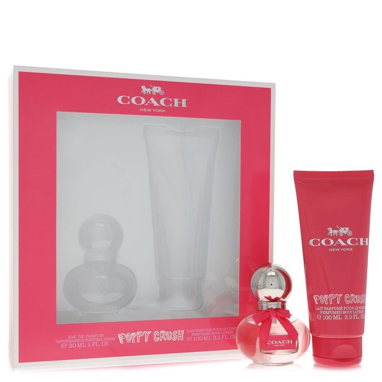 Coach gift set perfume by Coach crush poppy.: Coach gift set perfume by Coach crush poppy. Indulge in the sweet scent of Coach Crush Poppy, a sophisticated perfume for women that combines floral notes with a touch of modernity. This luxurious