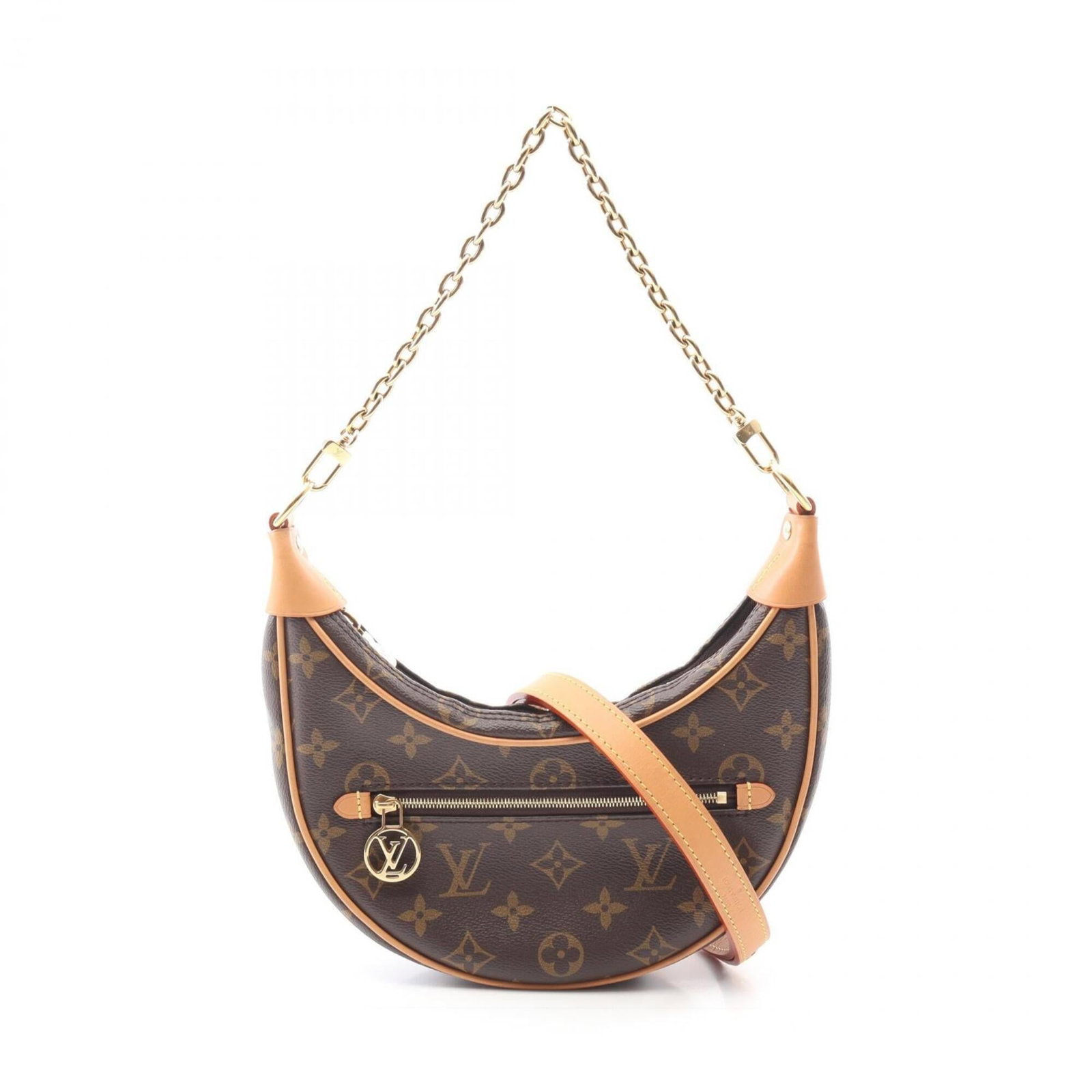 Leather Louis Vuitton Coated Canvas Shoulder Bag: Leather Louis Vuitton Coated Canvas Shoulder Bag A timeless piece of luxury, this pre-owned Louis Vuitton shoulder bag boasts the iconic monogram pattern on its coated canvas exterior, adorned with
