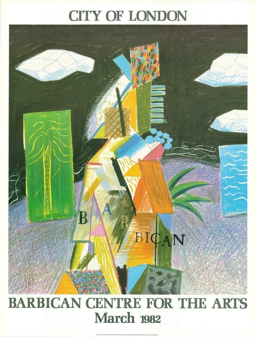 David Hockney detail from Cubistic bar, 37.5" x 28.5", lithograph, pop art, 1982 mul: David Hockney detail from Cubistic bar, 37.5" x 28.5", lithograph, pop art, 1982 mul A vibrant detail from David Hockney's Cubistic Bar, 1982, showcases the artist's signature pop art style in bold, c