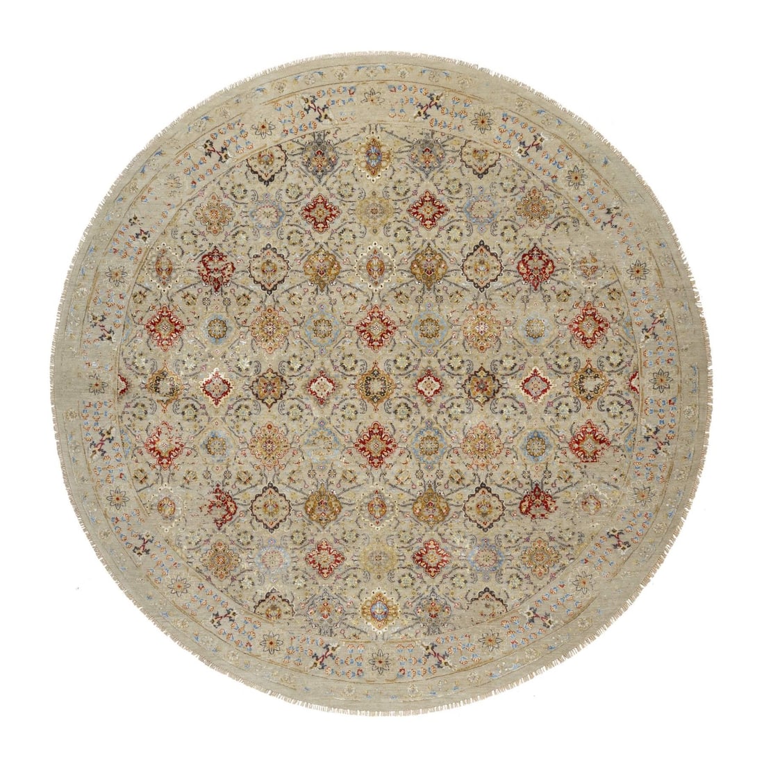11'10"x11'10" Beige Hand Knotted The Sunset Rosettes Wool and Silk Rug: 11'10"x11'10" Beige Hand Knotted The Sunset Rosettes Wool and Silk Rug Experience the timeless beauty of Indian craftsmanship with this stunning 11'10"x11'10" beige hand-knotted wool and silk rug,
