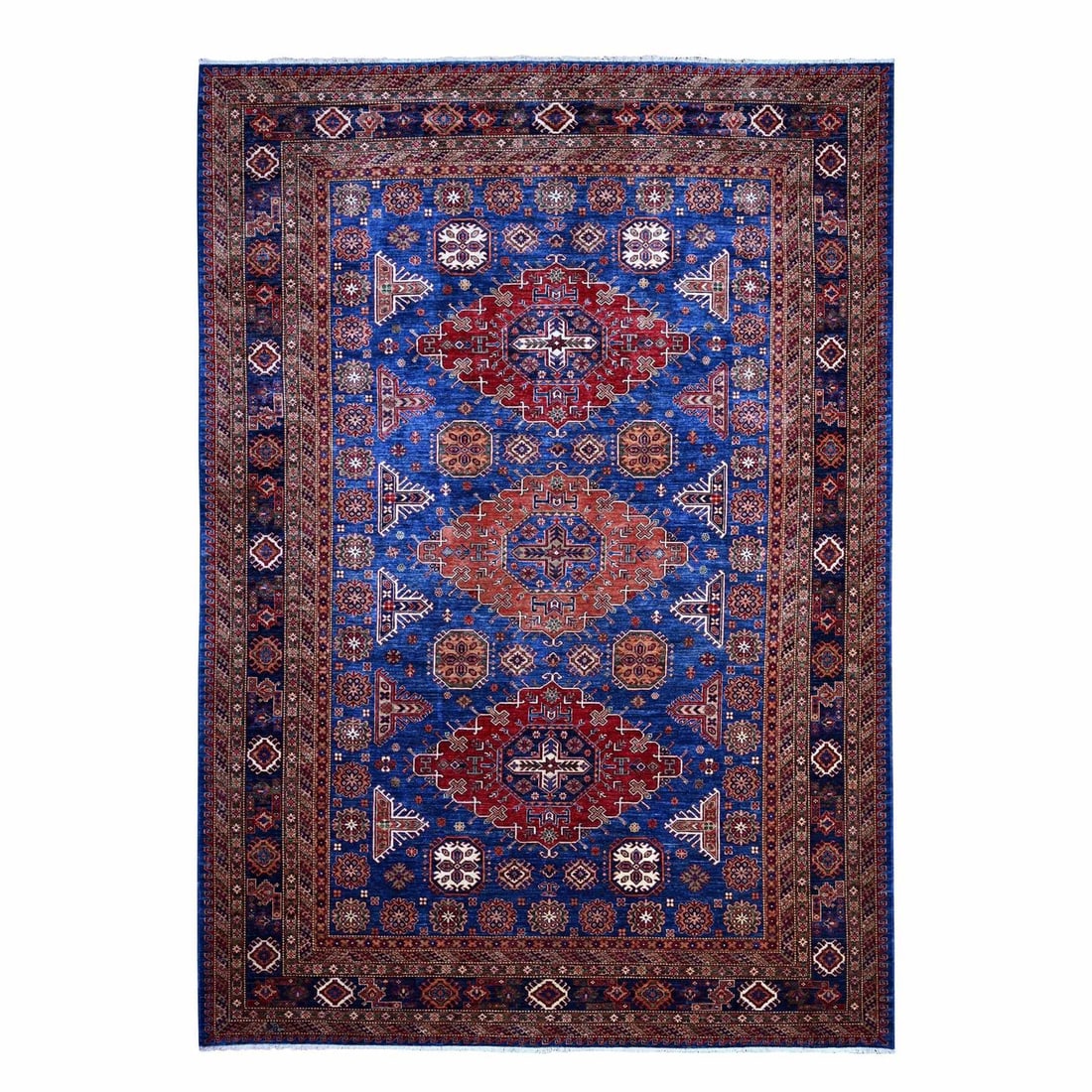 9'8"x13'7" Neon Blue Hand Knotted Triple Medallions Wool Super Kazak Rug (1 of 11)