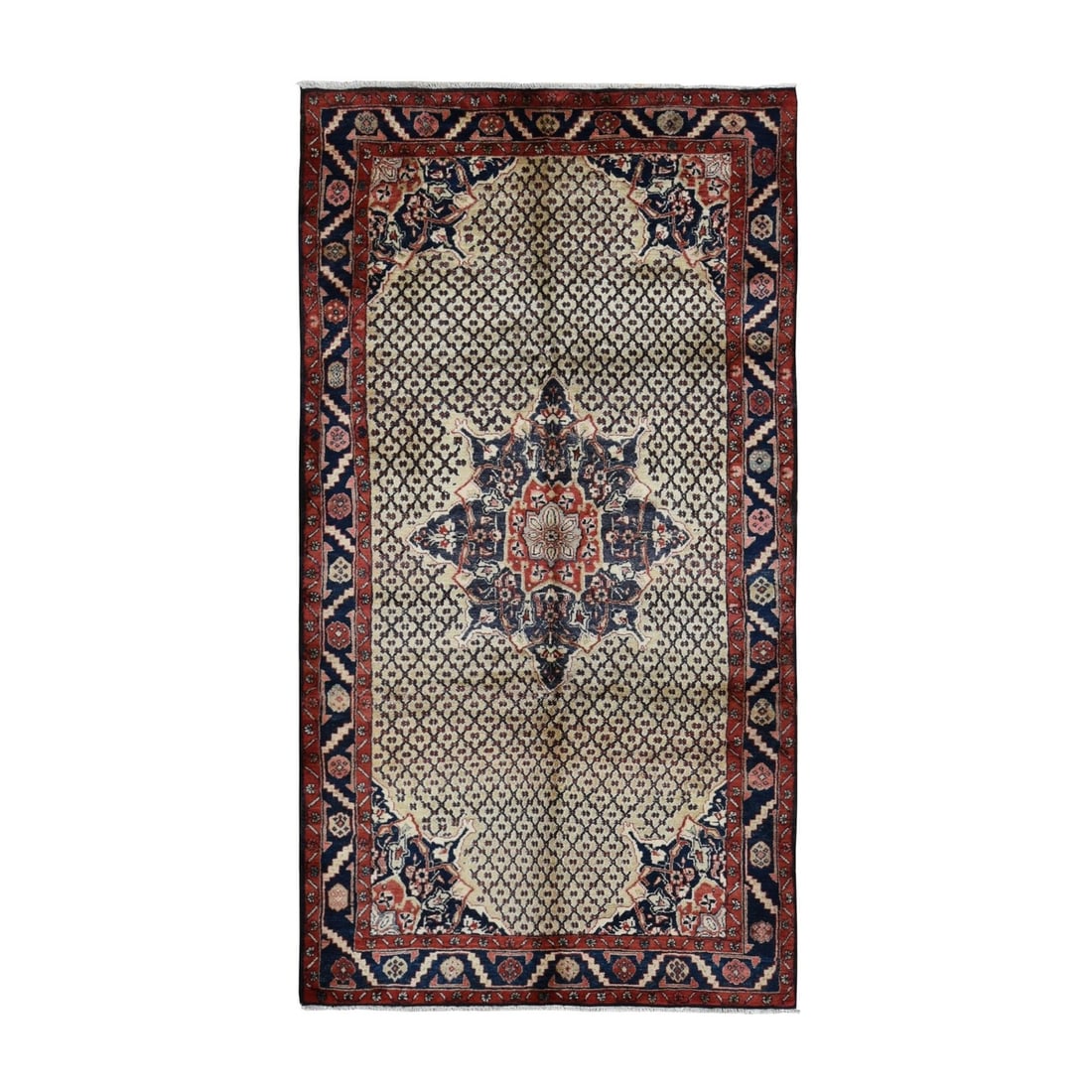 5'2"x9'8" Beige Vintage Zoroastrian Khamadan Pure Wool Hand Knotted Rug: 5'2"x9'8" Beige Vintage Zoroastrian Khamadan Pure Wool Hand Knotted Rug Experience the timeless beauty of a vintage Zoroastrian Khamadan rug, hand-knotted in pure wool and boasting a stunning beige