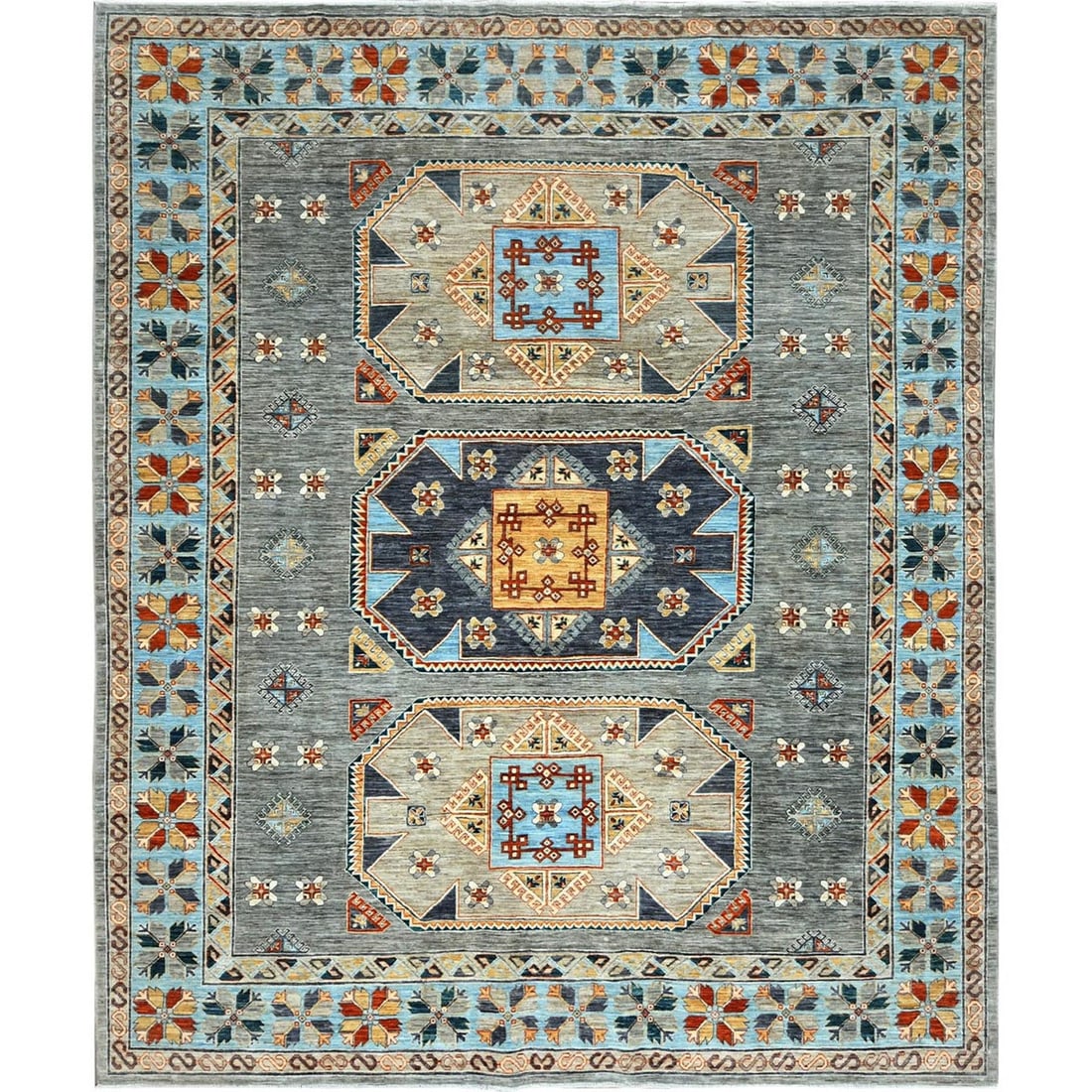 8'3"x9'9" Gray Armenian Inspired Caucasian Design Wool Hand Knotted Rug: 8'3"x9'9" Gray Armenian Inspired Caucasian Design Wool Hand Knotted Rug Experience the rich cultural heritage of Afghanistan with this stunning, hand-knotted Armenian-inspired Caucasian design wool ru